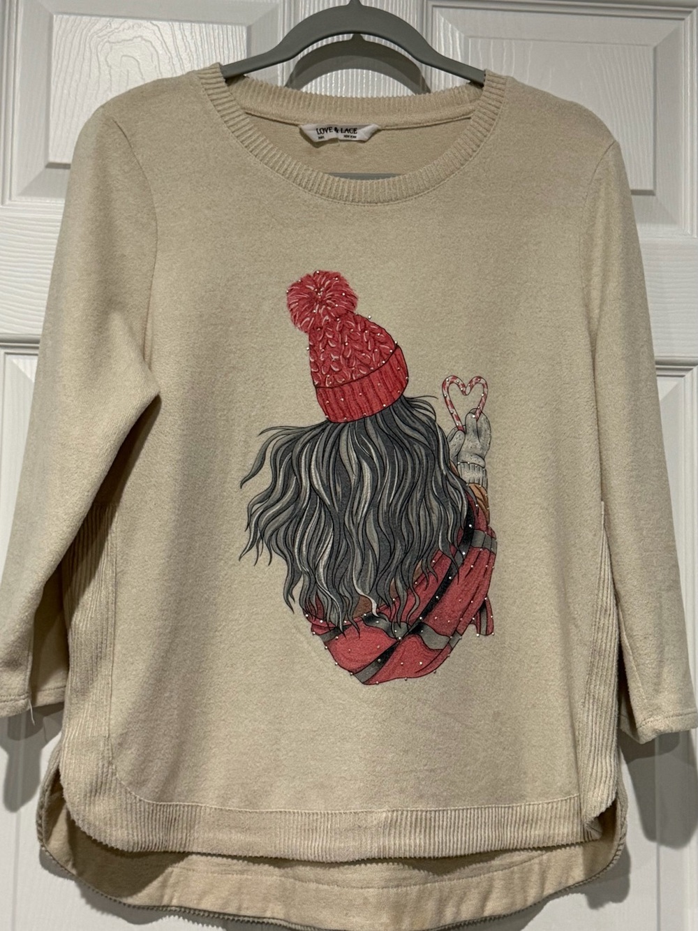 Love & Lace Cream Sweater with Red Graphic Beanie Design